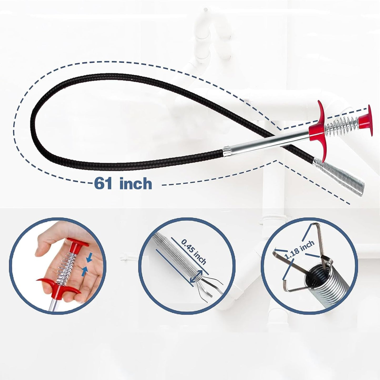 76 Inch Drain Snake Clog Remover, Flexible 4-Claw Grabber Tool,Toilet Sink Shower Bathtub Drain Cleaner for Hair Removal
