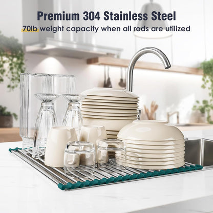 Tomorotec 17.7" x 15.5" Roll Up Dish Drying Rack Over Sink Drying Rack Sink Cover Kitchen Sink Accessories Gadget Multipurpose Organizer Foldable Stainless Steel Drainer (Grey)