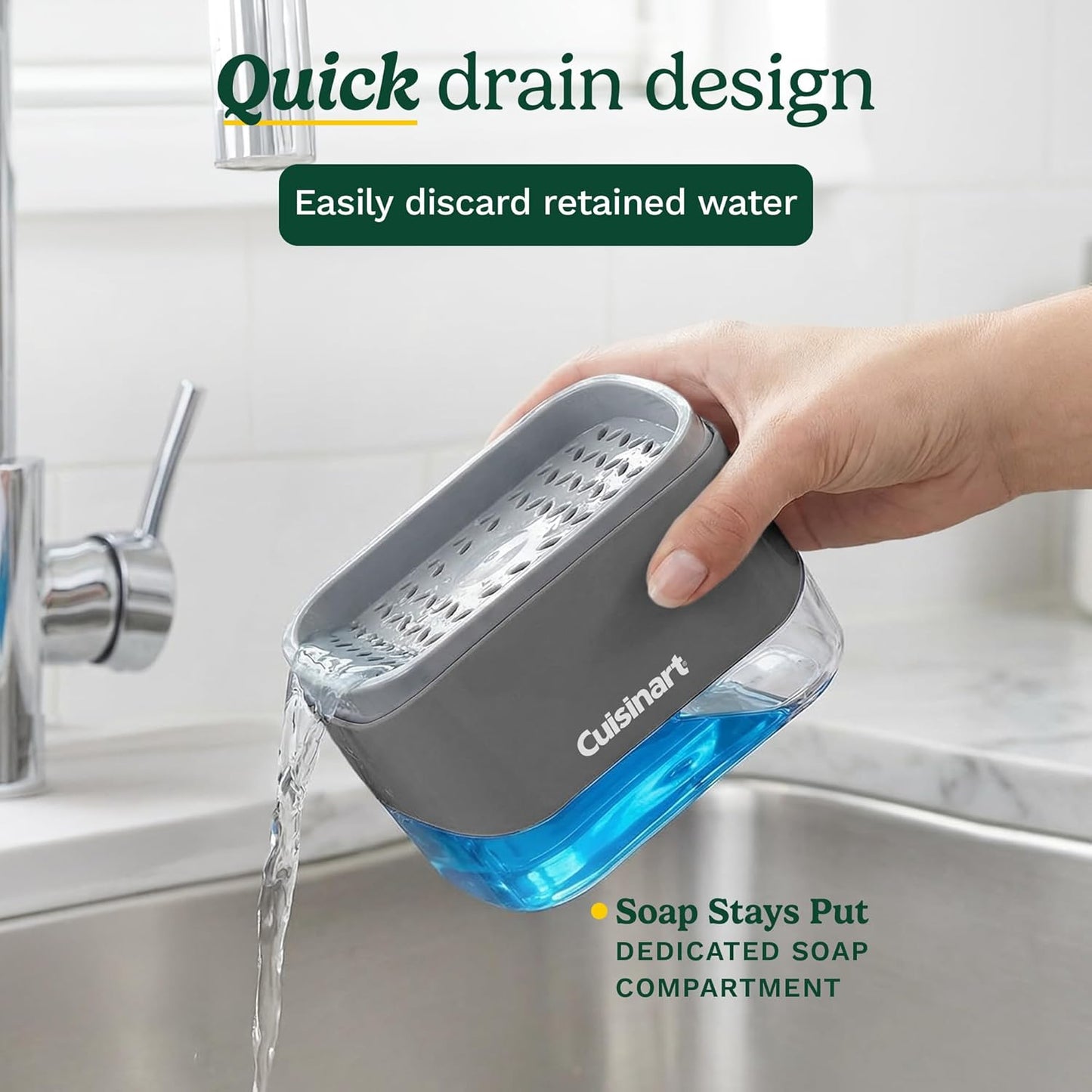 Cuisinart 2-in-1 Dish Soap Dispenser with Sponge Holder and Sponge for Kitchen Sink – Soap Pump Organizer Set with Tray, Countertop Caddy for Dishes, Dishwashing Liquid Dispenser, Sink Essentials