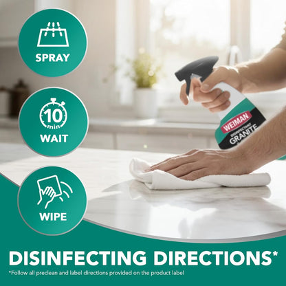 Weiman Disinfectant Granite Cleaner and Polish With Microfiber Cloth - Safely Clean Disinfect and Shine Granite Marble Soapstone Quartz Quartzite Slate Limestone Corian Laminate Tile Countertop