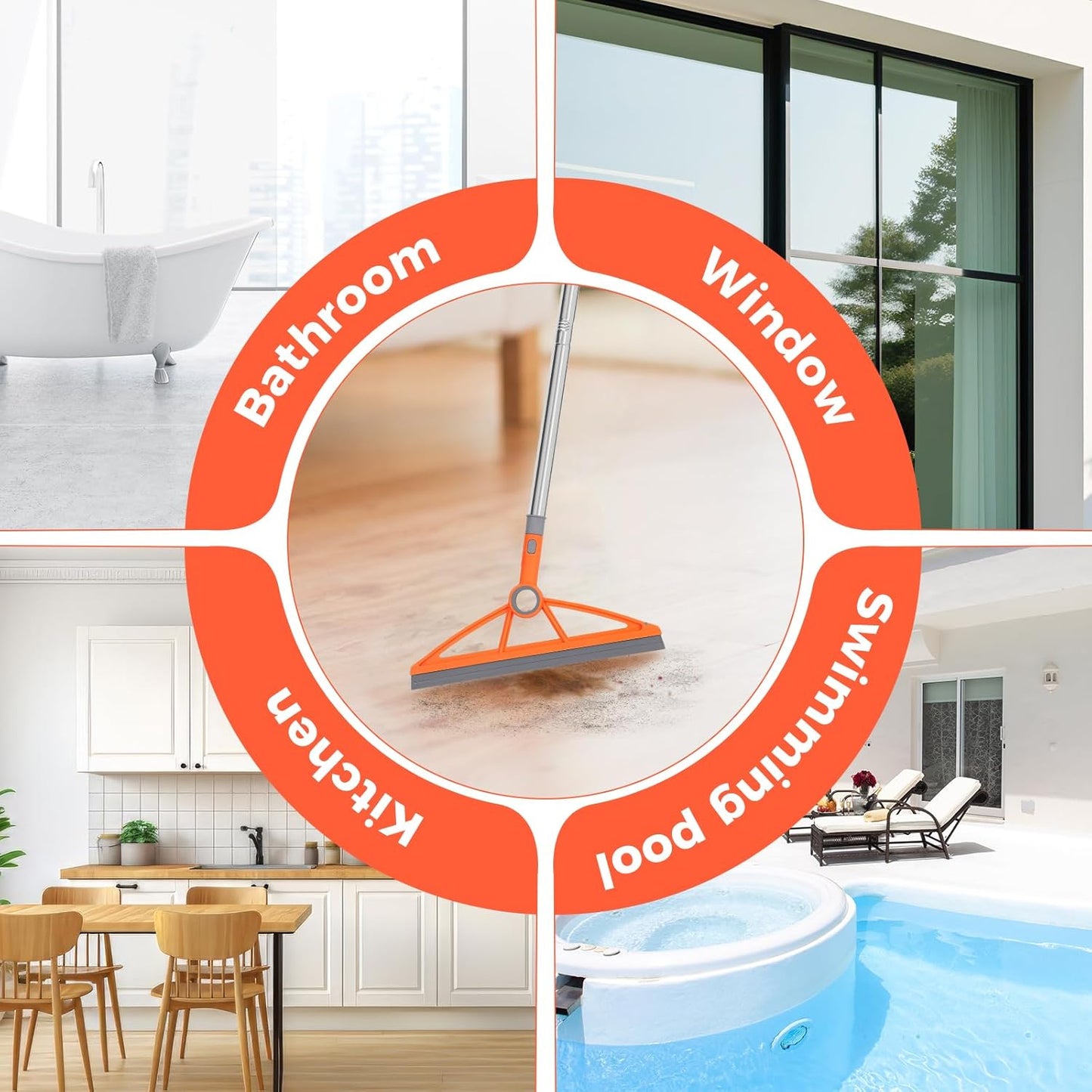 wlich 2-in-1 Air Broom, 180° Rotating 54 Inch Adjustable Silicone Rubber Broom Includes 2 Scraping Strips, Sweep and Silicone Tools with Long Handle for Cleaning Bathrooms,Glass,Tiles,Pet Hair