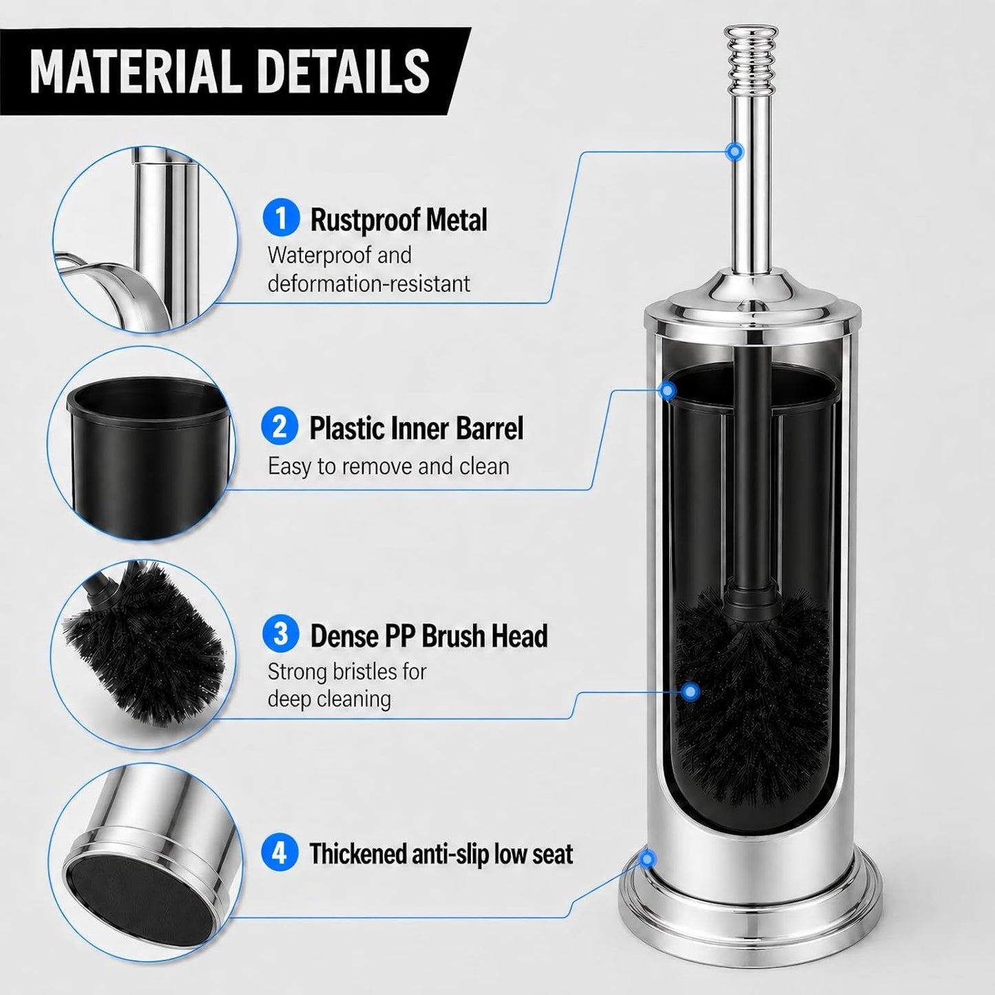 Black Toilet Brush and Holder Set，Extra Long Handled Toilet Bowl Brush and Holder，Stainless Steel Heavy Duty Toilet Brush for Bathroom,Deep Cleaning Modern Toilet Cleaner Slip Base