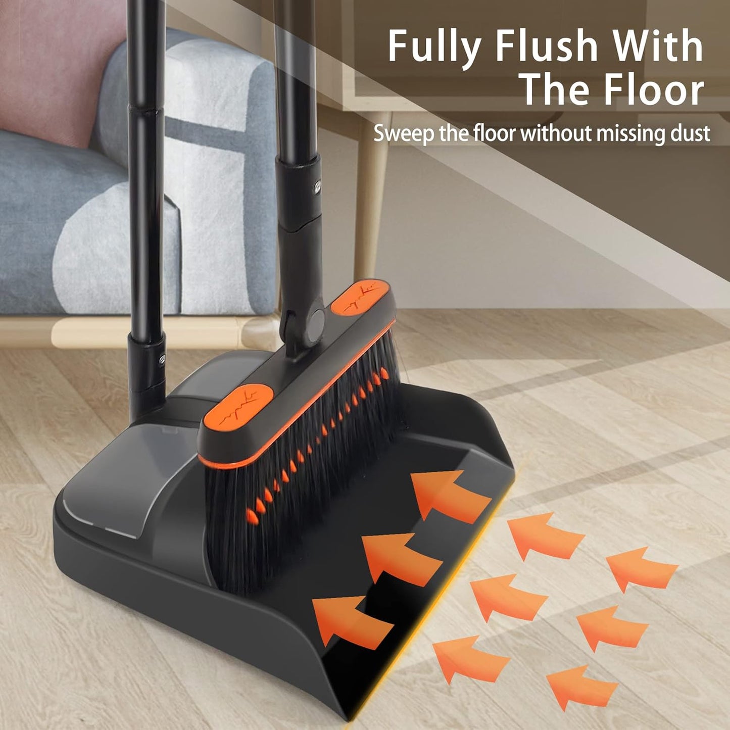 JEHONN Broom and Dustpan Set for Home, 54 Inches Long Handle Lightweight 180 Degree Rotating Indoor Upright Standing Dust Pan with Comb Teeth, Store Sweep Set for Room Kitchen Lobby Office