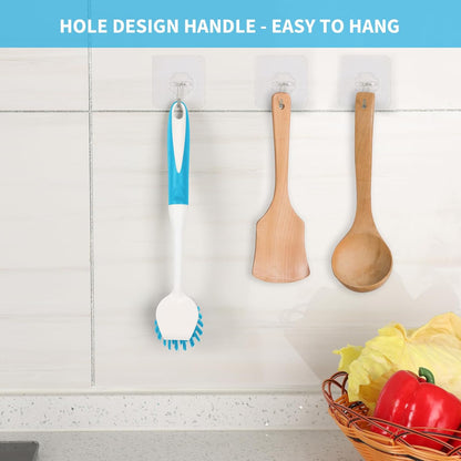 Dish Brush with Handle, 2 Pack Scrub Brushes with Built-in Scraper for Cleaning Kitchen, Pots, Pans and Sink, Scrubber Washing Tools, Green