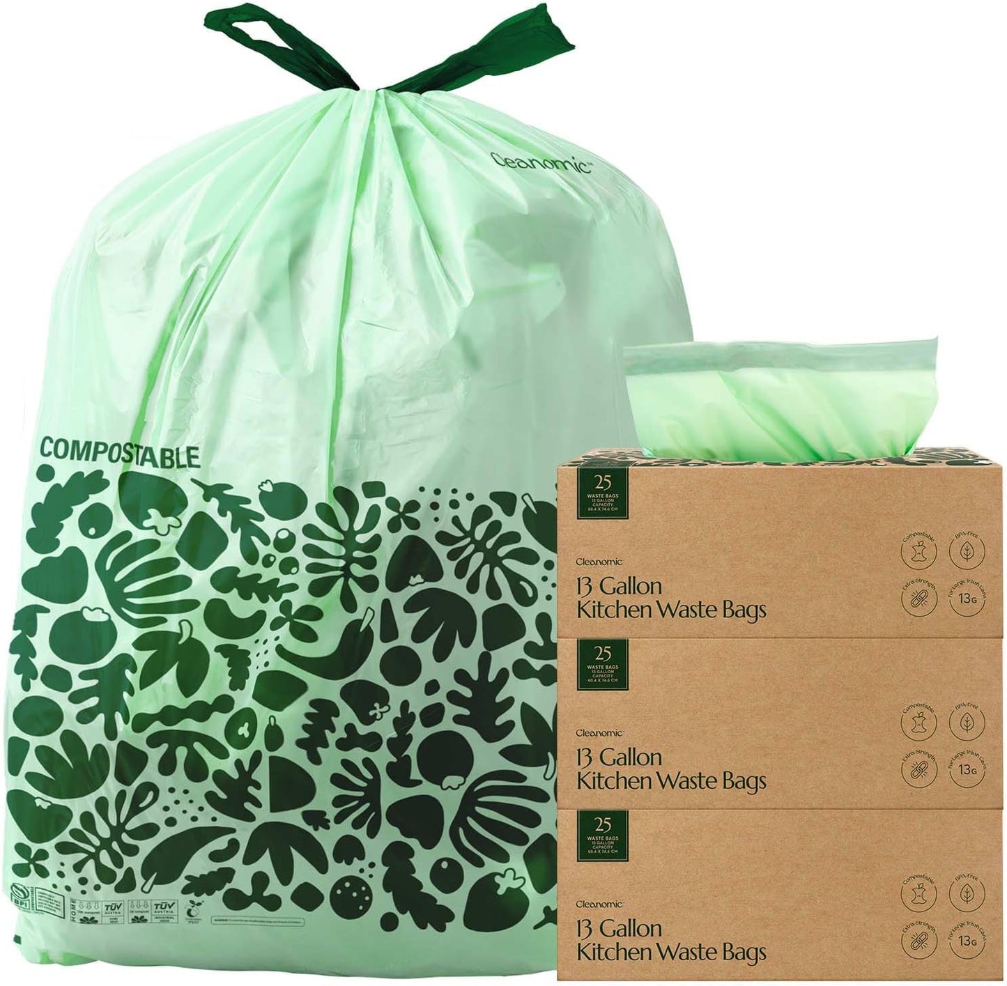 Cleanomic Compostable* Trash Bags with Drawstring (13 Gallon, 25 Units, Tall), BPI Certified For Kitchen Compost