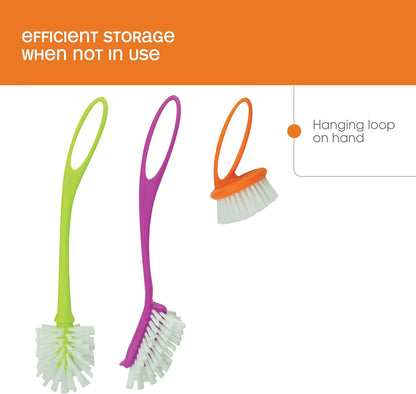 Casabella Loop 3-Piece Dish Brush Set - 15519AZ(Colors May Vary), Red Yellow Purple