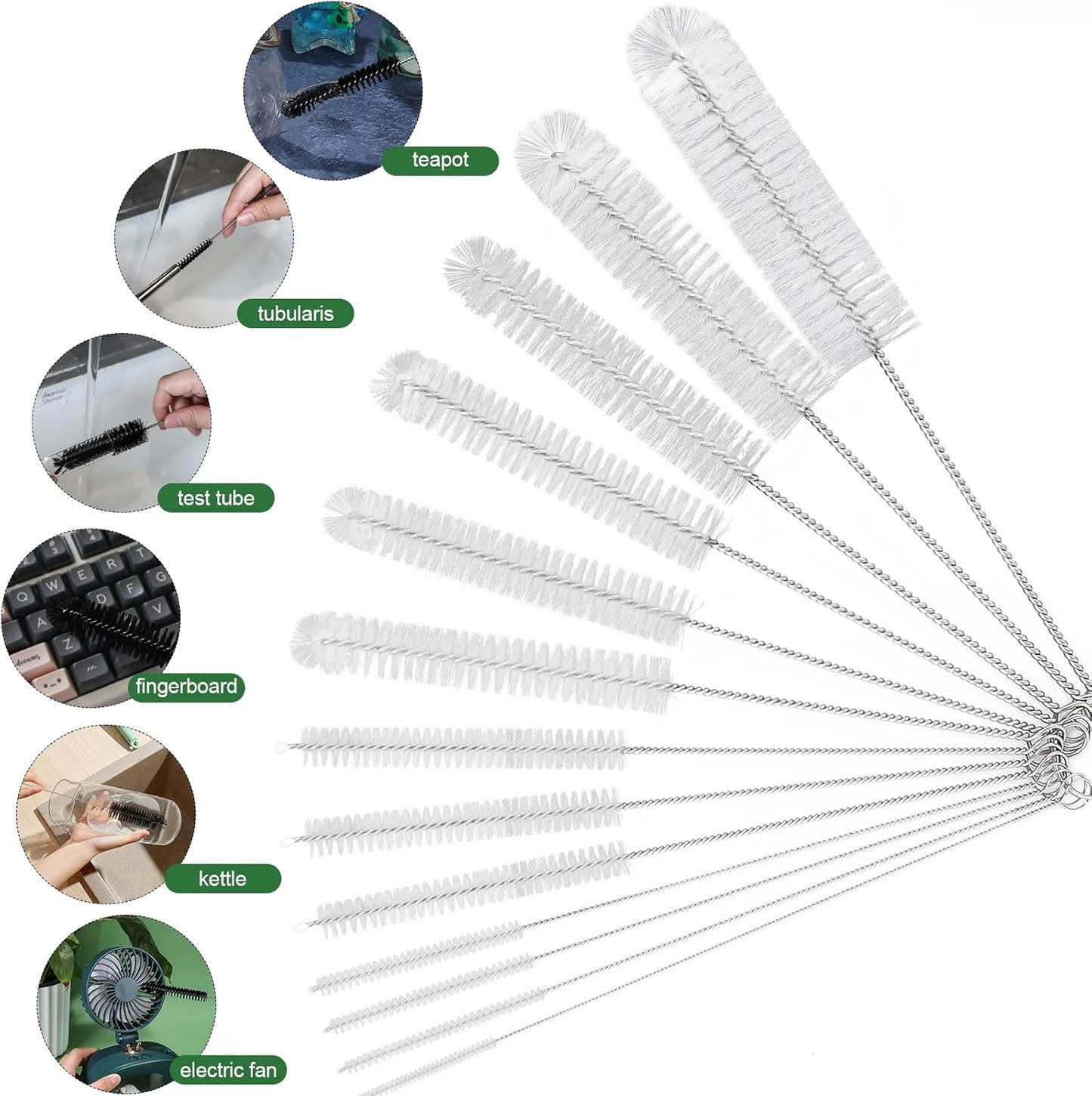 CiaraQ Bottle Cleaning Brushes, 8 Inch Nylon Tube Brush Set, Cleaner for Narrow Neck Bottles Cups with Hook, Set of 10pcs