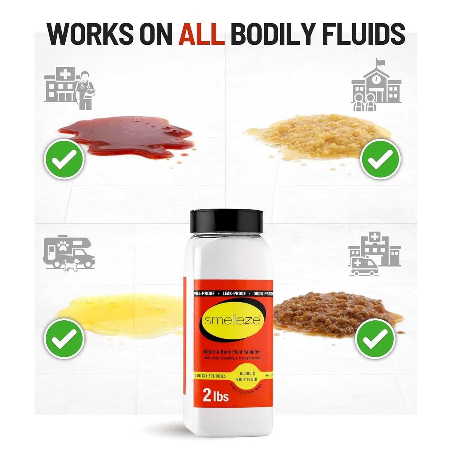 SMELLEZE Vomit Clean Up Powder & Blood Body Fluid Super Absorbent Solidifier Deodorizer: 2 lb. Instantly Absorb & Solidify Urine, Blood & Bio Waste for Medical, Tattoo & Pet Mess Cleanup