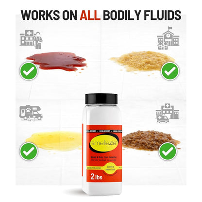 SMELLEZE Vomit Clean Up Powder & Blood Body Fluid Super Absorbent Solidifier Deodorizer: 2 lb. Instantly Absorb & Solidify Urine, Blood & Bio Waste for Medical, Tattoo & Pet Mess Cleanup