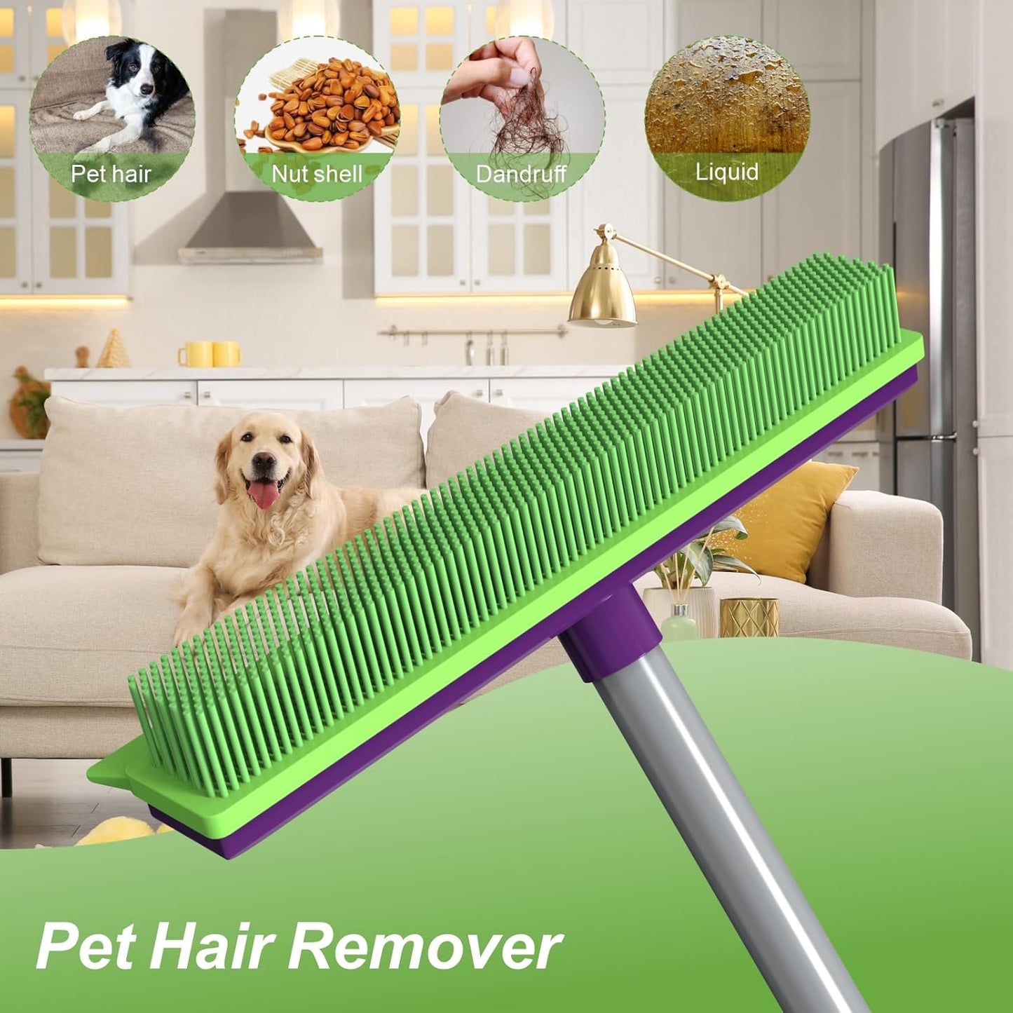 Rubber Broom Pet Hair Remover, Silicone Squeegee Brooms for Floor, Tile, Windows, Carpet Cleaning, 4-Section Pole up to 58 inches