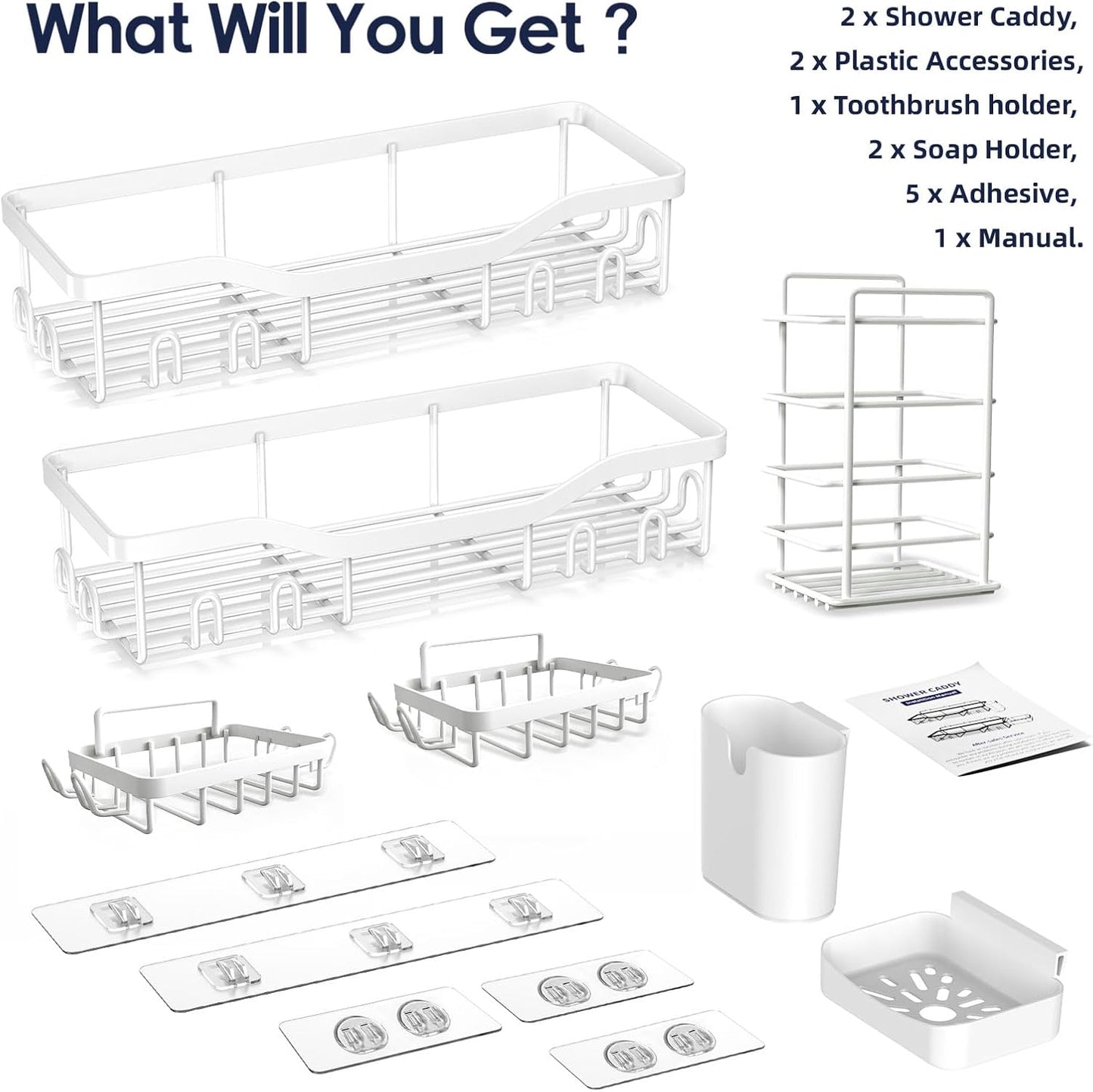 NESOMI Shower Caddy Adhesive Shower Organizer 7-Pack, Rustproof Stainless Steel Bathroom Shelves, Large Capacity No-Drill Rack Storage Accessories with Soap Dish Toothbrush Holder &24 Hooks Home Decor