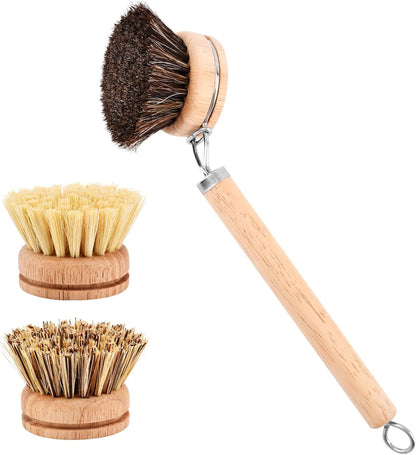 Bamboo Dish Brush Set, 1 Wooden Handle with 3 Natural Bristle Heads All Purpose Kitchen Scrub Brush with Sisal and Palm Horsehair for Cleaning Dishes Pans Vegetables(Color:Wood)