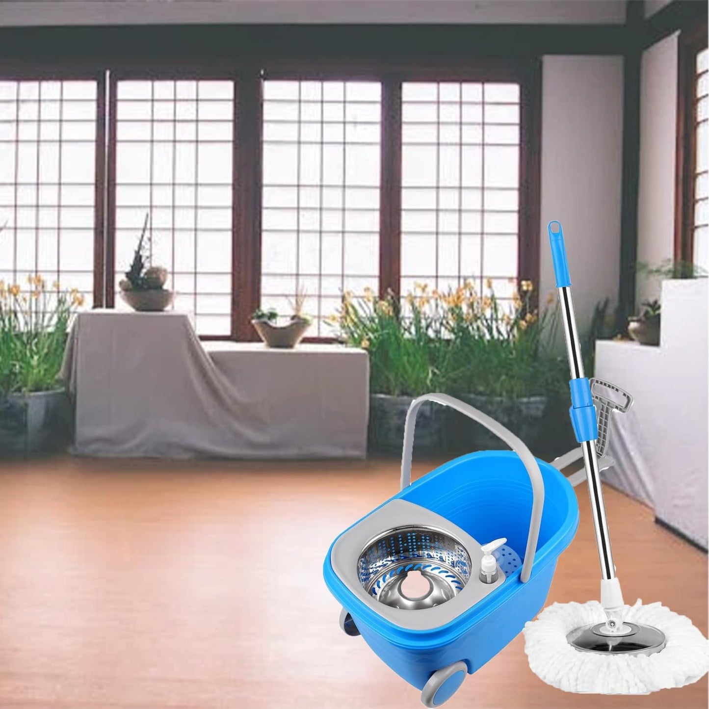 Spin Mop and Bucket with Wringer Set,for Floor Cleaning,with Floor Scrub Brush,61" Adjustable Handle and 6 Microfiber Mop Head(White)