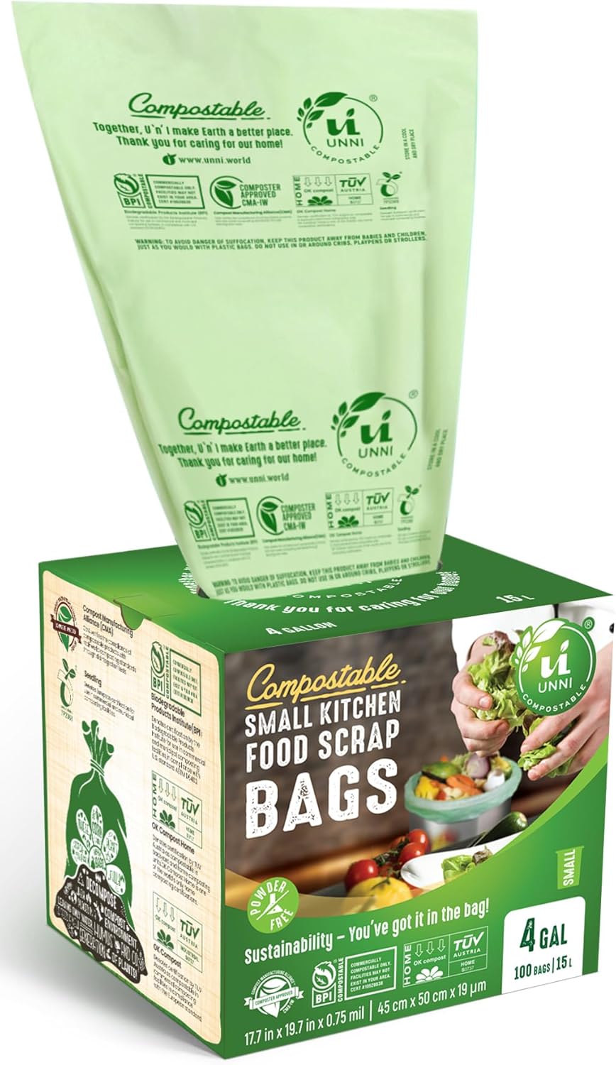 UNNI Compostable Trash Bags, 13 Gallon / 49.2 Liter, 50 Count, Extra Thick 0.9 Mil Tall Kitchen Food Scrap Bin Liners, Certified by BPI, CMA & OK compost HOME, Meets the ASTM D6400 Standard