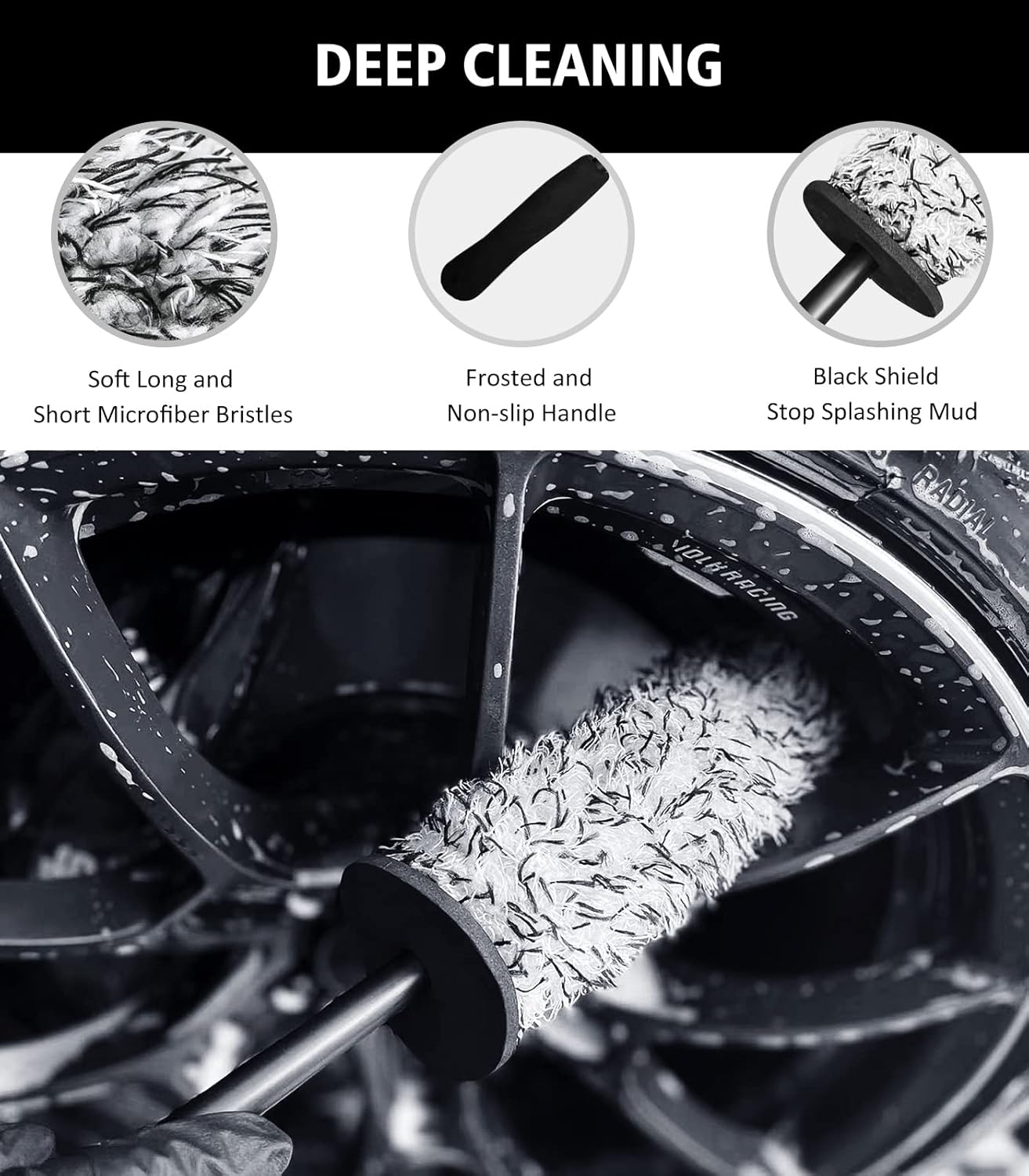 YeewayVeh 8PCS Ultimate Wheel and Tire Brush Kit | 2-Size 360° Bendable Rim Brushes, Boar Hair Detailing Brush, Tire Shine Applicators & Microfiber Towel | Complete Scratch-Free Cleaning & Shining Set
