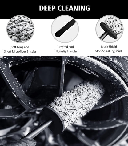 YeewayVeh 8PCS Ultimate Wheel and Tire Brush Kit | 2-Size 360° Bendable Rim Brushes, Boar Hair Detailing Brush, Tire Shine Applicators & Microfiber Towel | Complete Scratch-Free Cleaning & Shining Set