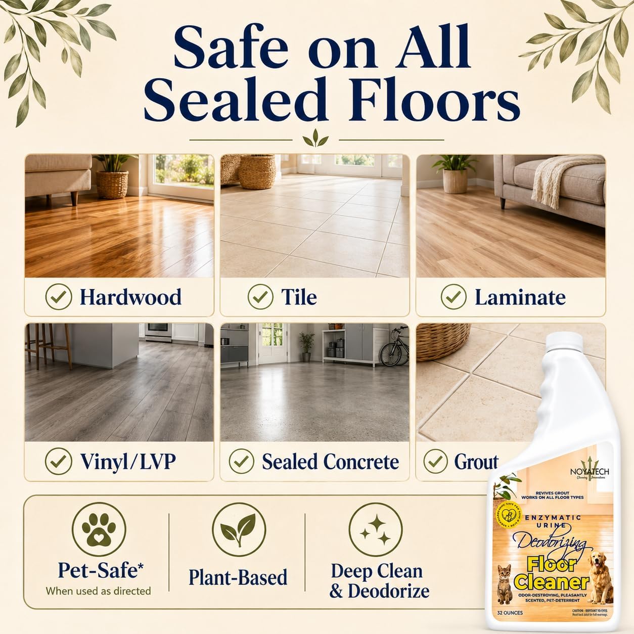NOYATECH Pet Floor Cleaner for Mopping – Enzyme Urine & Odor Eliminator – Safe for Hardwood, Tile, Laminate & Grout – Dog & Cat Pee Concentrate, 32 oz