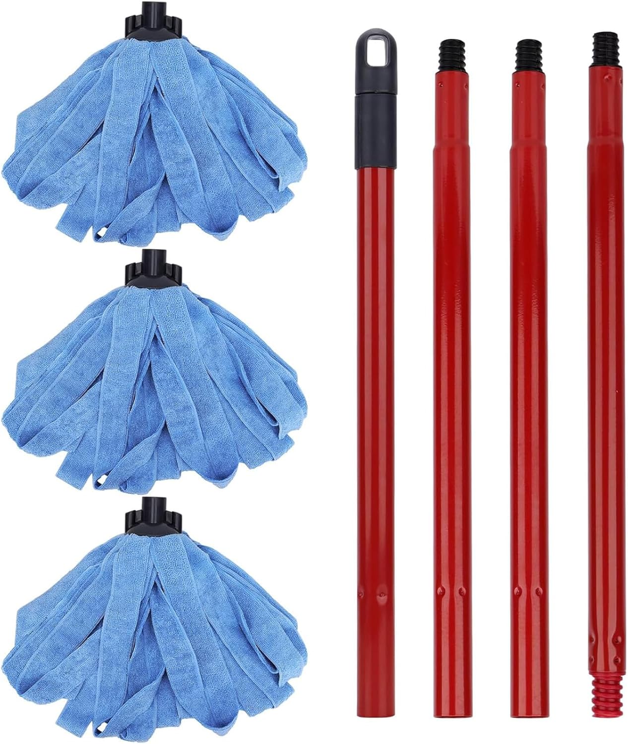 Microfiber Mop - 1 Mop Handle & 3 Blue Microfiber Mop Heads Replacement, Compatible with All Standard US Threading Pole Mop Handles for Floor Cleaning