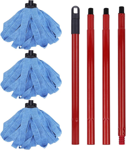 Microfiber Mop - 1 Mop Handle & 3 Blue Microfiber Mop Heads Replacement, Compatible with All Standard US Threading Pole Mop Handles for Floor Cleaning