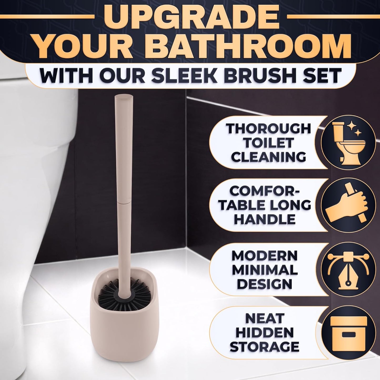 Toilet Brush and Holder Set - Silicone Toilet Brush Cleaner with Dark Grey Holder Base, Compact Accessory for Small Spaces - Easy to Place & Simple to Store After Use, Plastic Bathroom Cleaning Tool