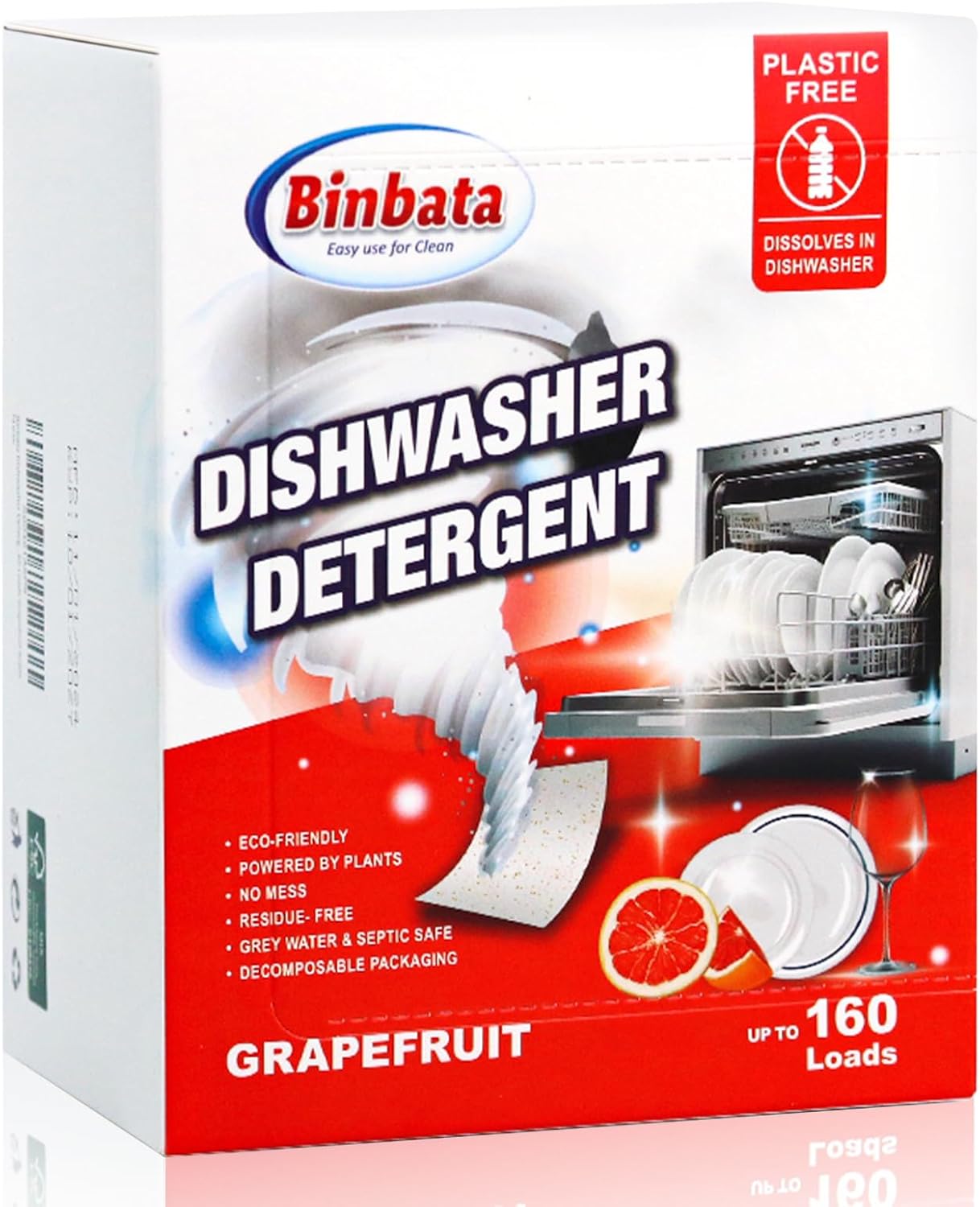 Binbata Eco Dishwasher Detergent Sheets Up To 160 Loads, Unscented Plastic Free Dishwashing Soap Strips With High Efficient Solid Enzyme, Leaving Dishes Sparkling Clean
