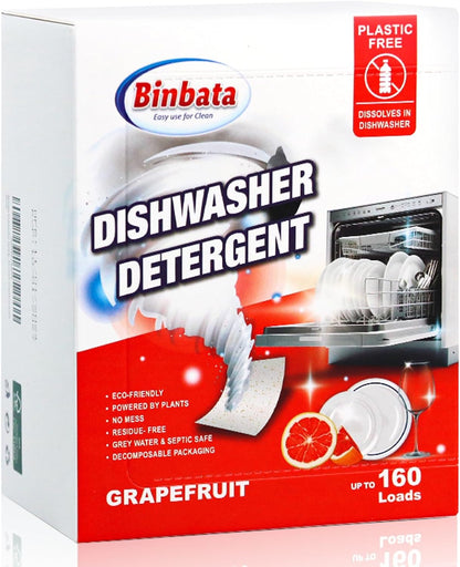 Binbata Eco Dishwasher Detergent Sheets Up To 160 Loads, Unscented Plastic Free Dishwashing Soap Strips With High Efficient Solid Enzyme, Leaving Dishes Sparkling Clean