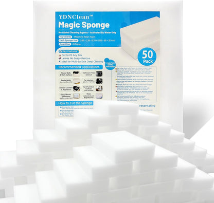 Magic Sponge Erasers, Water-Activated Cleaning Pads Sponge Mop, Bulk Pack Multi-Purpose Melamine Foam Cleaner for Kitchen, Bathroom, Walls, Shoes & Car, Non-Scratch & Reusable (50)