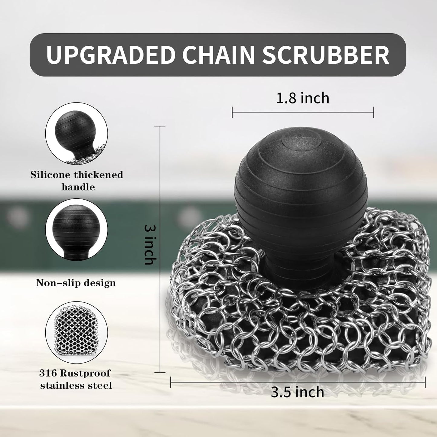 Cast Iron Scrubber with Pan Scraper, 316 Chainmail Scrubber, Upgraded Chain Mail Scrubber Sponge, Cast Iron Cleaner for Pan Skillet Wok Carbon Steel, Dutch Oven Metal Brush Cleaning Kit, Black