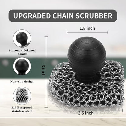 Cast Iron Scrubber with Pan Scraper, 316 Chainmail Scrubber, Upgraded Chain Mail Scrubber Sponge, Cast Iron Cleaner for Pan Skillet Wok Carbon Steel, Dutch Oven Metal Brush Cleaning Kit, Black