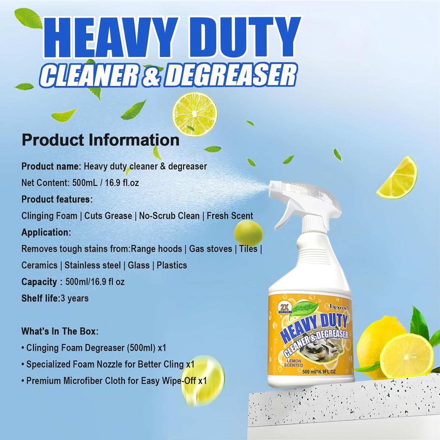 16.9 FLoz Clean Up Kitchen Oil Stains Spray,Oven Cleaner Heavy Duty,Kitchen Foam Cleaner & Multipurpose Degreaser Spray, Removes Burnt Residue, Grease & Oil Stains from Pots, Pans and Stovetops