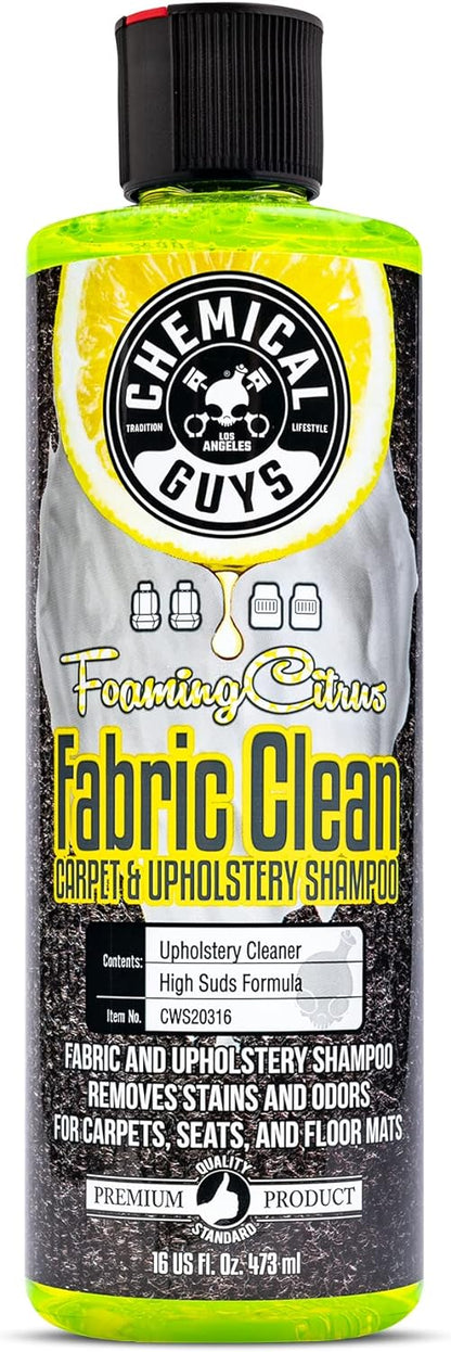 Chemical Guys Foaming Citrus Fabric Clean Drill Brush Kit - High Foaming Stain and Odor Remover, Upholstery, Floor Mat & Car Carpet Cleaner, Deep Cleans & Deodorizes, Citrus Scent - 16 fl oz