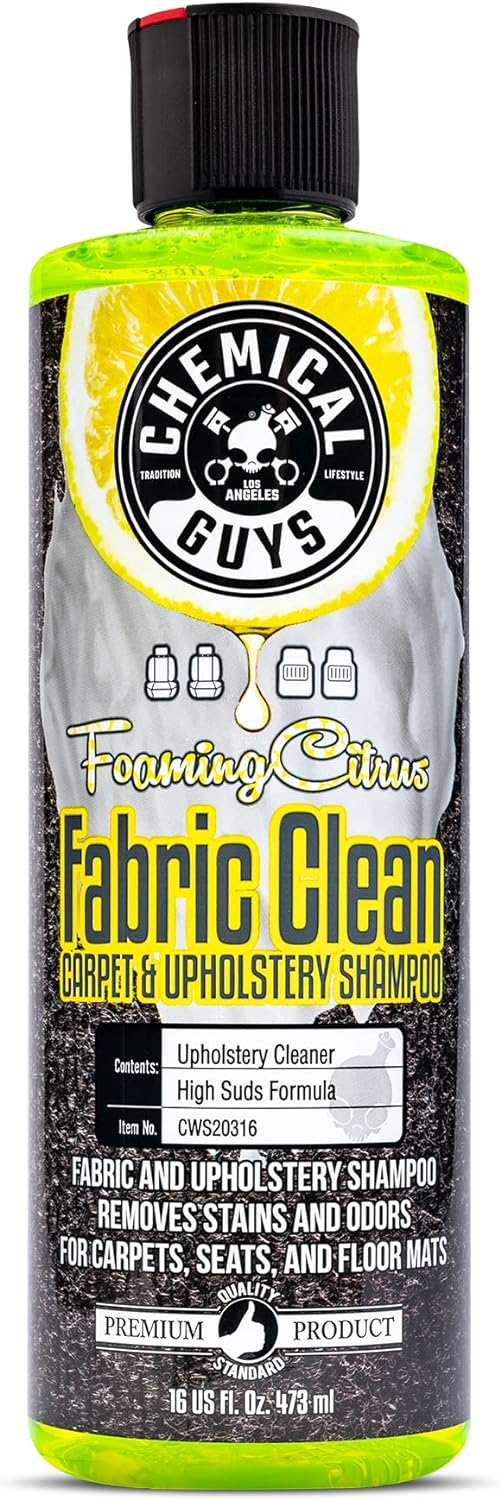 Chemical Guys Foaming Citrus Fabric Clean Drill Brush Kit - High Foaming Stain and Odor Remover, Upholstery, Floor Mat & Car Carpet Cleaner, Deep Cleans & Deodorizes, Citrus Scent - 16 fl oz