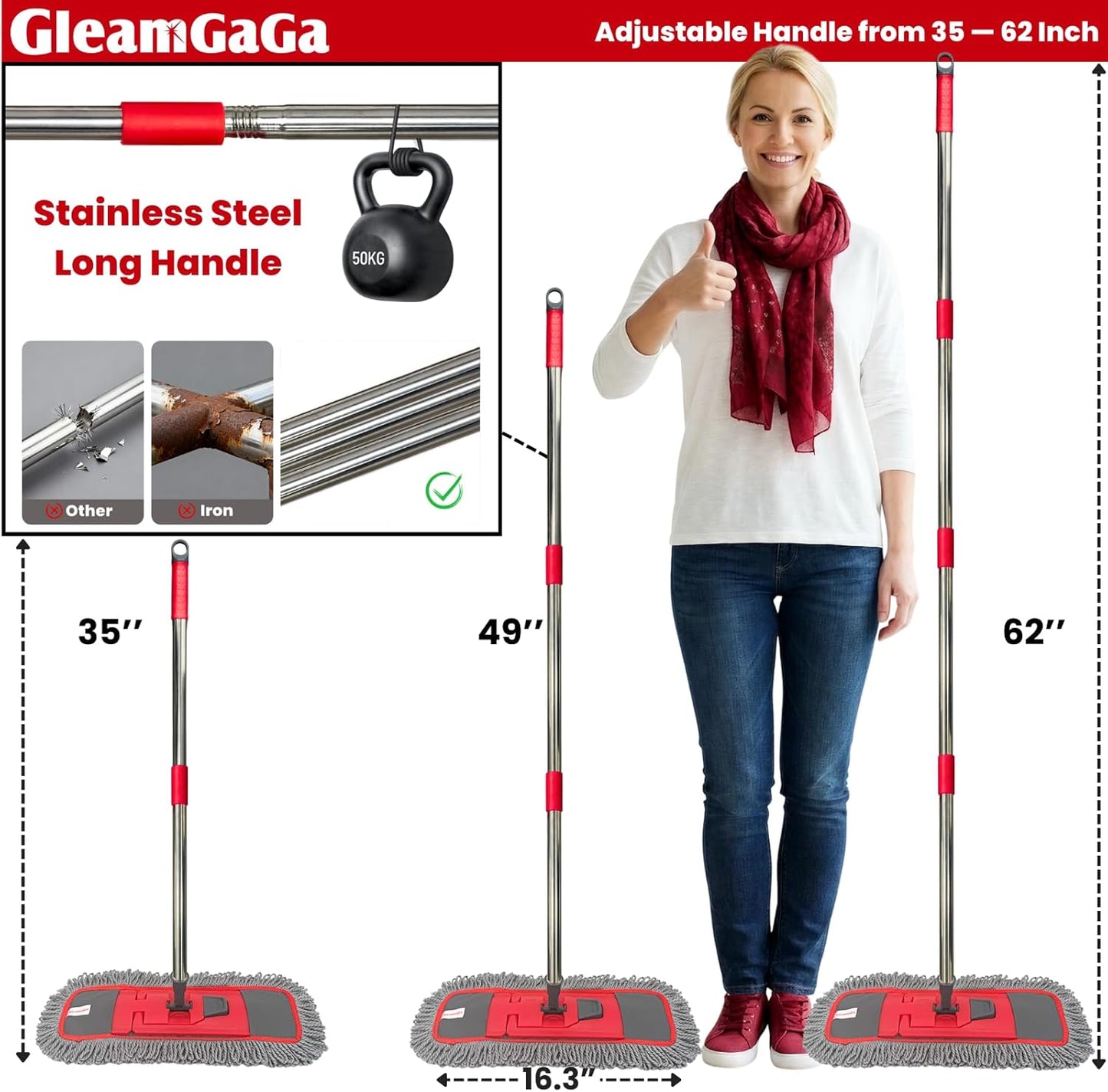 Dust Mop for Floor Cleaning with 4-in-1 Washable Pad System, Wet & Dry Multi-Purpose Mop with Built-In Scraper and Extra-Long 62'' Stainless Steel Handle for Hardwood,Vinyl,Laminate,Tile,Marble Floors