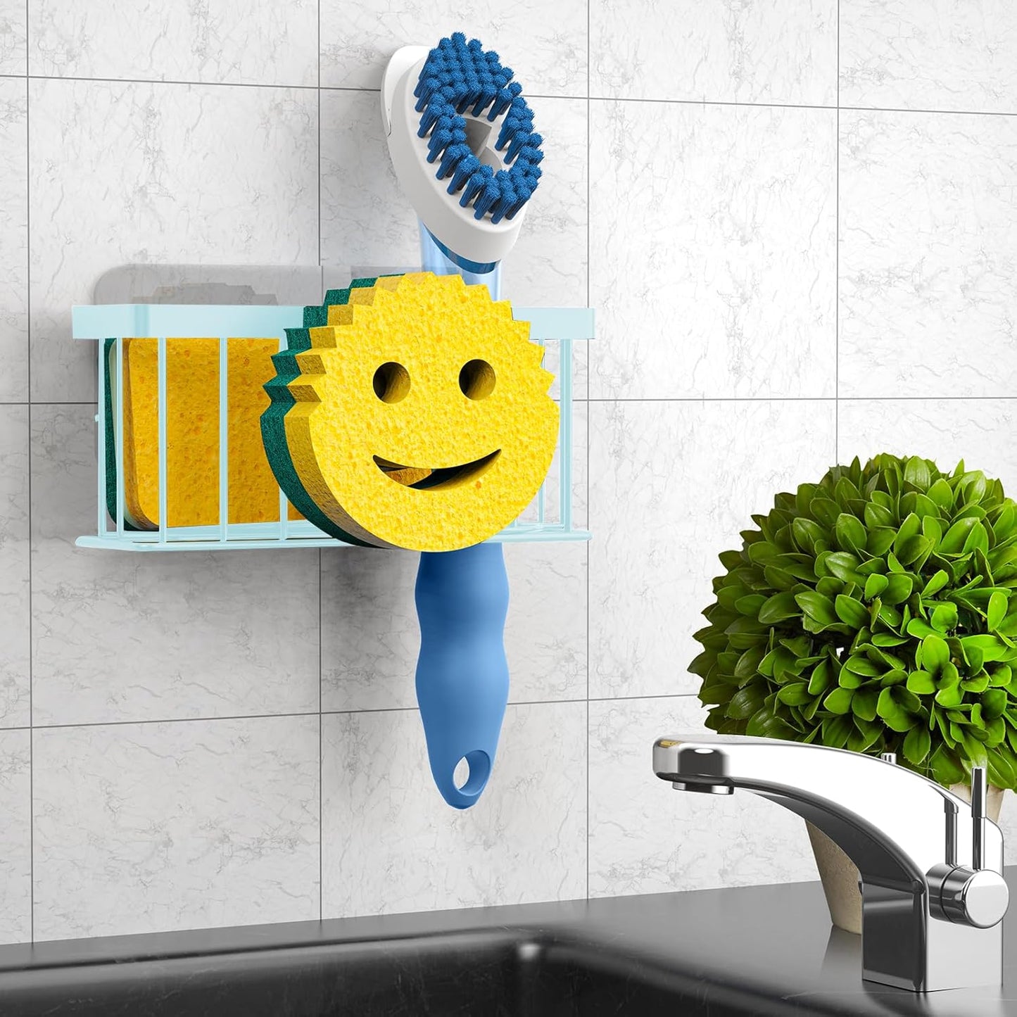 MURLONG Sponge Holder Smiley Face, Sink Caddy for kitchen Sink, Kitchen Organizer Sponge Holder with 2 PCS Suction Cups/1 PCS Adhesive Strips, Designed for Sponge, Soap, Dish brush, Scrubber-Black