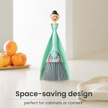 Vigar Mini Broom and Dustpan Set - Small Broom and Dustpan, Hand Broom for Desk, Kitchen, Car, Crumb Brush for Dust & Pet Hair, Decorative Doll Design, Portable Dust Pan Brush for Indoor - Turquoise