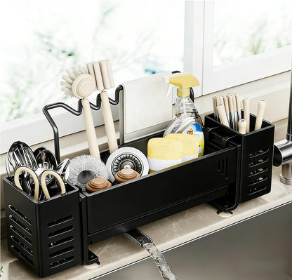 Sponge Holder for Kitchen Sink, Sink Caddy Organizer with 2 High Brush Holder, Kitchen Countertop Organizers and Storage Essentials, Self-draining Sponge Caddy Soap Dispenser Organizer (Gray)