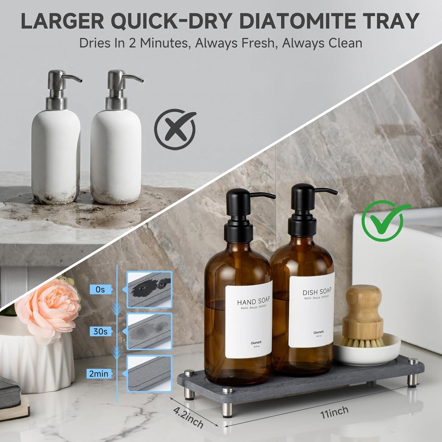 2 Pack Kitchen Soap Dispenser Set - 16oz Amber Glass Dish and Hand Soap Dispenser with Stainless Steel Pump, Instant Dry Tray, Dish Brush & Holder, Refillable Countertop Sink Decor for Kitchen & Bath