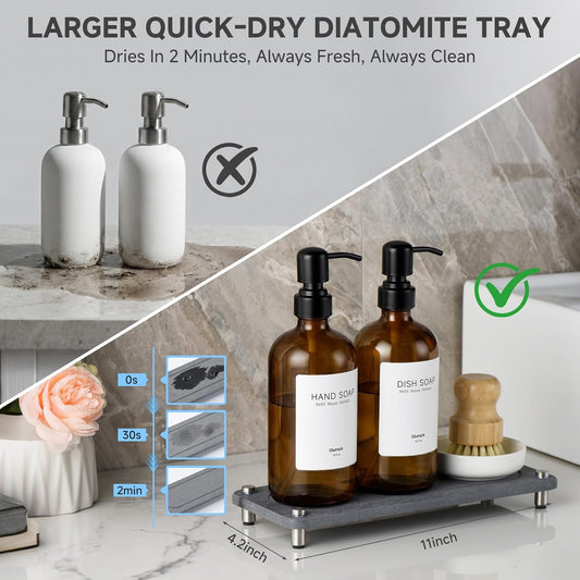 2 Pack Kitchen Soap Dispenser Set - 16oz Amber Glass Dish and Hand Soap Dispenser with Stainless Steel Pump, Instant Dry Tray, Dish Brush & Holder, Refillable Countertop Sink Decor for Kitchen & Bath