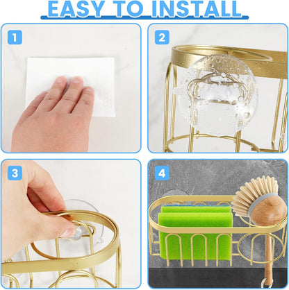 2Pcs Sponge Holder for Kitchen Sink, Gold Suction Cup Caddy, No-Drilling & Easy to Remove, 304 Stainless Steel, Heat-Resistant Sponge and Brush Holder, Bathroom Safe, Fit for Sponge/Soap/Dish Cloth