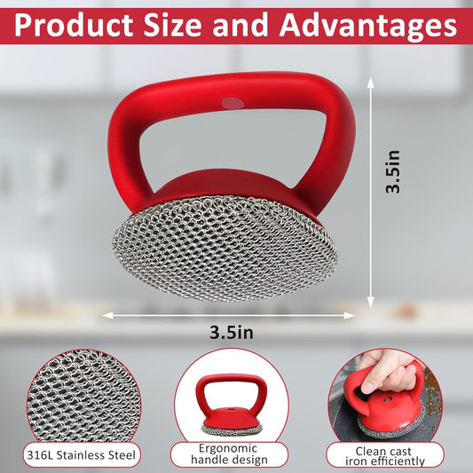 Cast Iron Scrubber with Handle 316L Stainless Steel Chainmail Scrubber for Cast Iron Pan Skillet Cleaner,Skillets and Grills (Red)