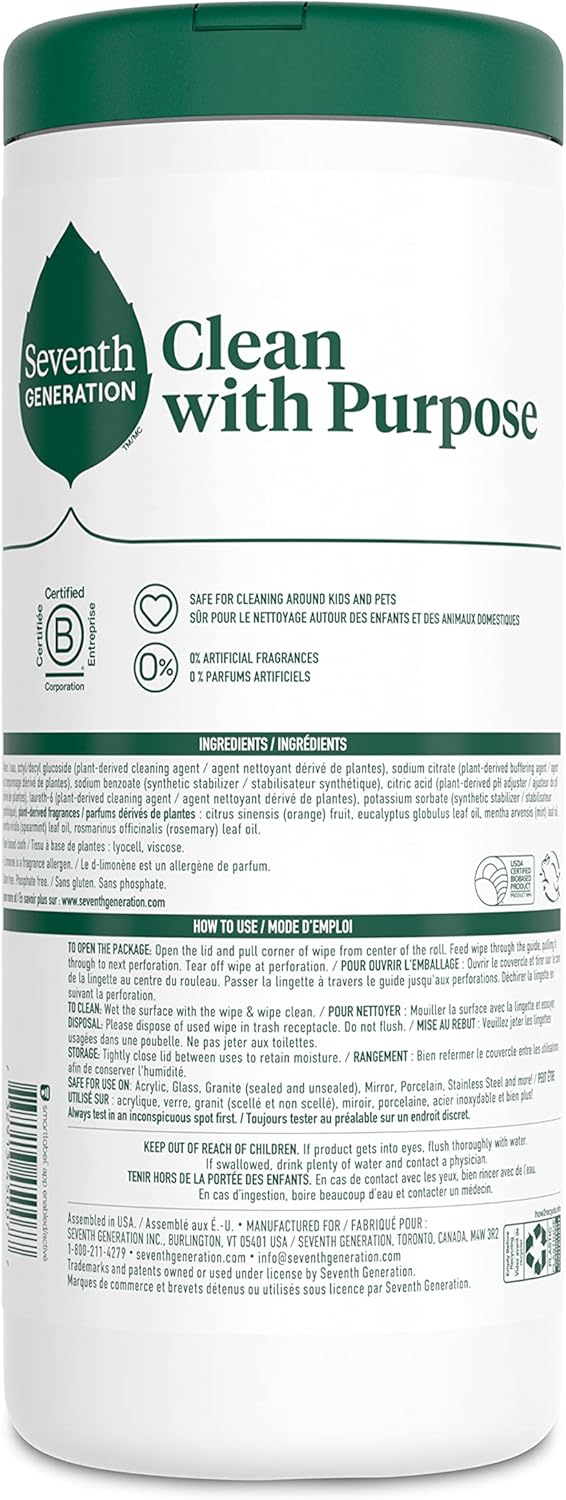 Seventh Generation Multi Surface Wipes All Purpose Cleaning Lemon Zest scent with 100% Essential Oils and Botanical Ingredients 70 count, Pack of 6