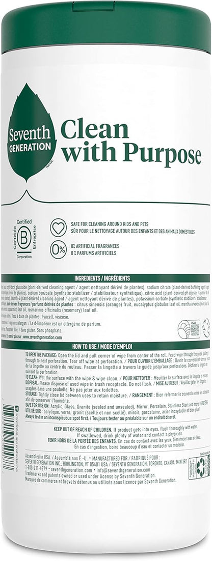 Seventh Generation Multi Surface Wipes All Purpose Cleaning Lemon Zest scent with 100% Essential Oils and Botanical Ingredients 70 count, Pack of 6