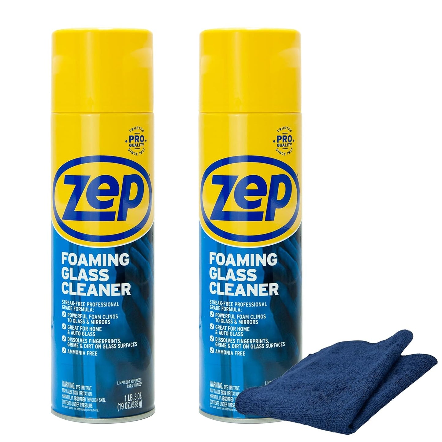 Zep Foaming Glass Cleaner 19 oz (2 Units) & a Blue Microfiber Rag ECBD028-2-Pack of Ammonia-Free Streak-Free Glass Cleaners for Windows Mirrors and Auto Glass Paired with a Reusable Rag