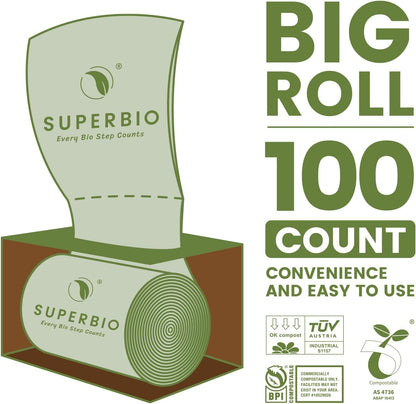 SUPERBIO 13 Gallon Compostable Kitchen Waste Bags with Handles, Food Scrap Bags Certified by BPI, OK compost INDUSTRIAL, 30 Count, 49.2L