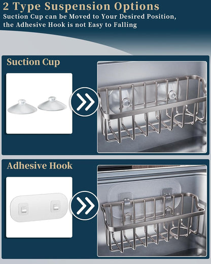 Consumest Sponge Holder Sink Caddy - Ladder Shaped Sponge Holder for Kitchen Sink with 2 Installation Ways (Suction Cups & Adhesive Hook), Rustproof Stainless Steel Kitchen Organizer, Silver