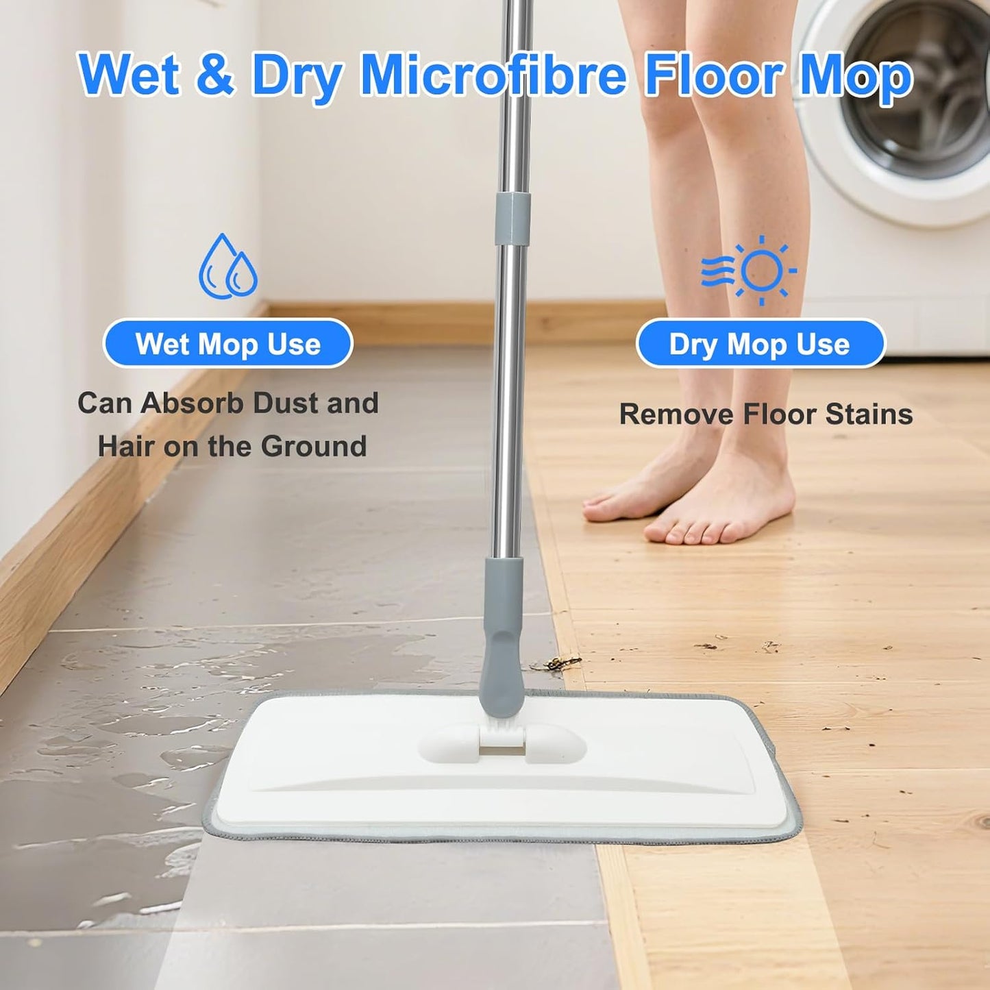 wlich Microfiber Mop for Cleaning Floors,55 Inch Extendable Flat Mop with 4 Reusable Washable Pads, 1 hook, 1 wall piece, and 1 scraper, Wet Dry and Dust Mops for Bathroom Kitchen, Floor,Ceramic Tiles