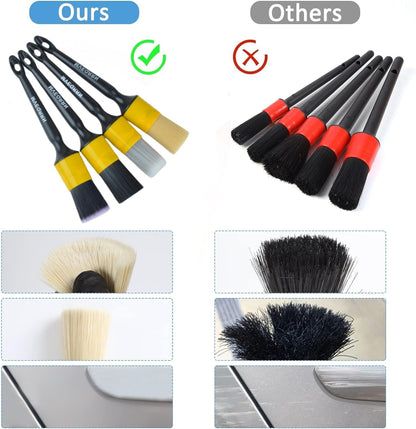 MVEQRRN Boars Hair Ultra Soft Detailing Brushes Set, 4 Pcs Premium Natural Boars Bristles, 1 Pcs Duster Detail Brush for Cleaning Car Interior Dashboard Leather Seat
