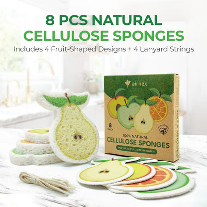 AIRNEX Compressed Cellulose Sponges - 12 Pack Fruit Shaped Natural Pop Up Dish Sponge for Kitchen - Compostable, Plant-Based, Non Scratch Cleaning Sponges Bulk for Dishes & Household Cleaning