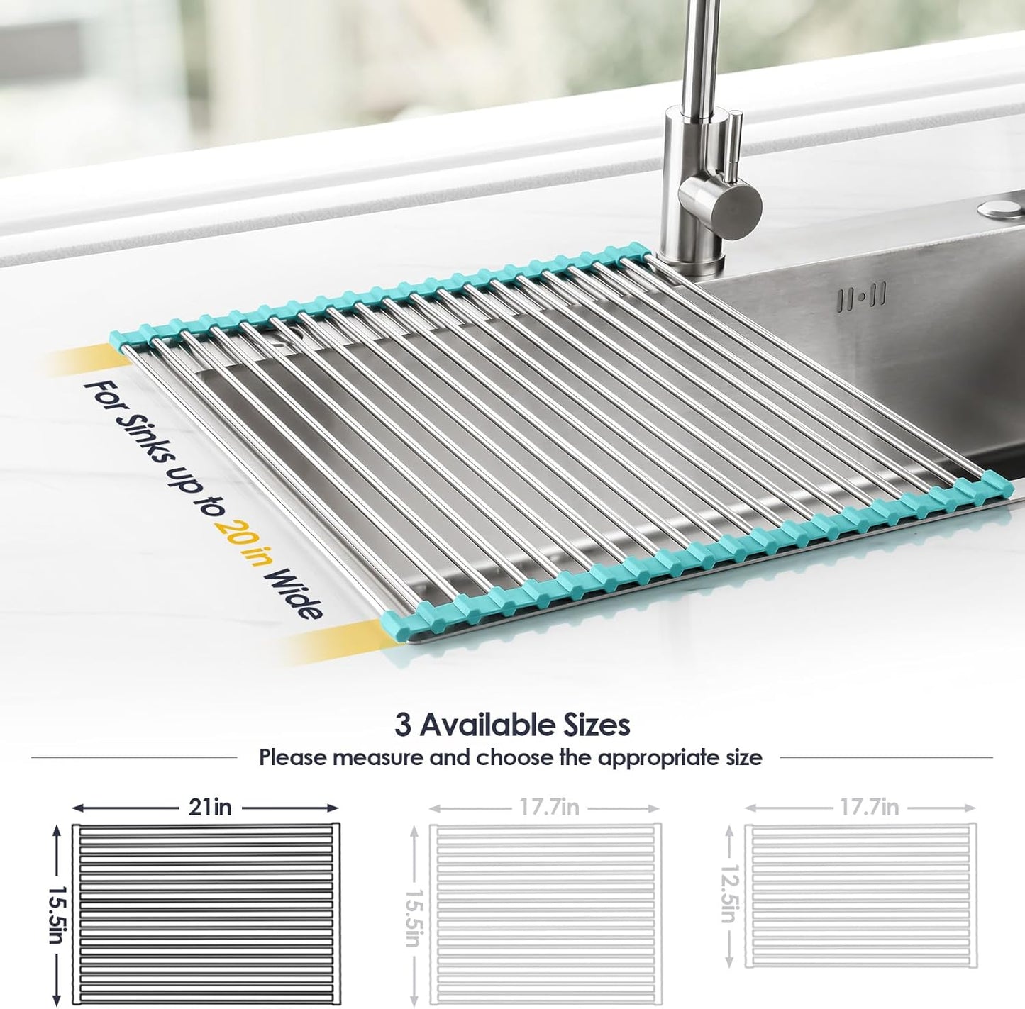 Tomorotec 17.7" x 15.5" Roll Up Dish Drying Rack Over Sink Drying Rack Sink Cover Kitchen Sink Accessories Gadget Multipurpose Organizer Foldable Stainless Steel Drainer (Grey)