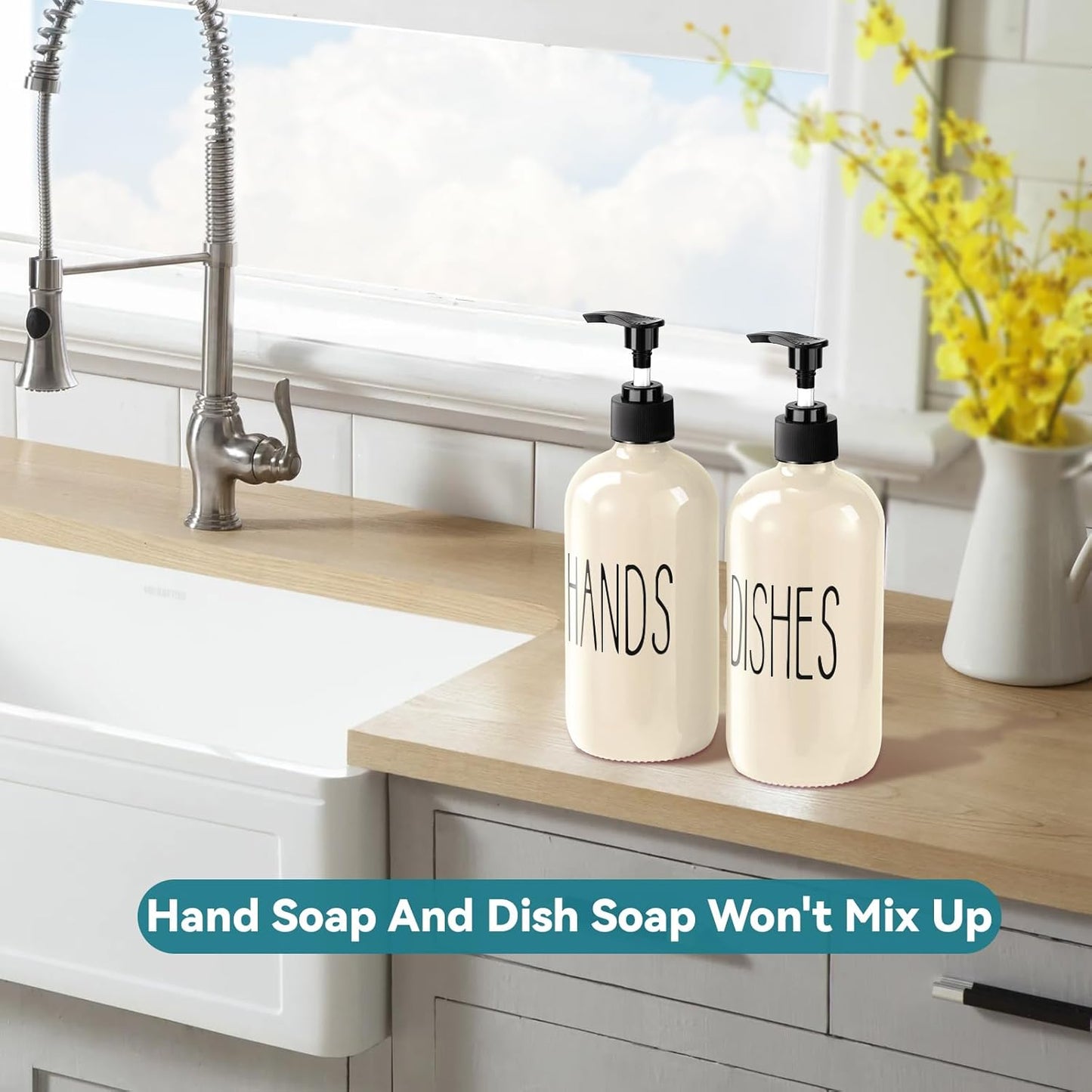 COHOSEGE Glass Soap Dispenser Set 2 Pack,Contains Hand and Dish Soap Dispenser.Premium 16 Oz Black Kitchen Soap Dispenser Set for Kitchen Sink and Farmhouse Decor